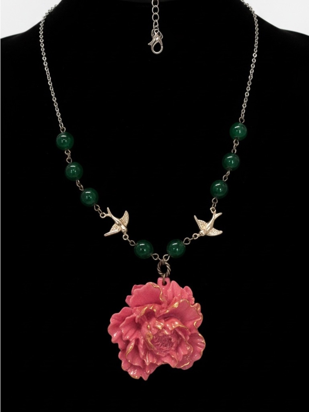Pink Floral Pendant Statement Necklace with Green Beads